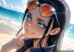 1girl ai_assisted ai_generated beach black_hair blue_eyes breasts curvaceous curvy curvy_female curvy_figure day eyeshadow eyewear_on_head female heart long_hair looking_at_viewer makeup miyuai multicolored_hair nail_polish nessa_(pokemon) nico_robin ocean one-piece_swimsuit outdoors sky smile solo teeth thick thick_ass thick_butt thick_hips thick_legs thick_thighs two-tone_hair voluptuous voluptuous_female water wide_hips wide_thighs