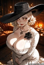 1girl ai_assisted ai_generated blonde_hair breasts cleavage cosplay curvaceous curvy curvy_female curvy_figure dress earrings female flower grace_ashcroft hat huge_breasts indoors jewelry lace lips looking_at_viewer miyuai necklace parted_lips resident_evil resident_evil_9:_requiem rose short_hair sitting smile solo stool thick thick_ass thick_butt thick_hips thick_legs thick_thighs v_arms voluptuous voluptuous_female white_dress wide_hips wide_thighs yellow_eyes