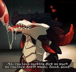 after_oral after_orgasm ambiguous_gender blush blush_lines bodily_fluids chin_spikes collar cum cum_in_mouth cum_inside dinkysaurus dragon english_text european_mythology facial_spikes fellatio feral forked_tongue genital_fluids genitals heart_symbol hi_res horn mythological_creature mythological_scalie mythology oral penile penis pleased_expression red_eyes red_horn redshift_(dinkysaurus) scalie sex solo speech_bubble spikes spikes_(anatomy) text tongue western_dragon