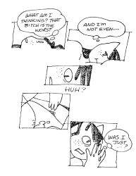 2023 anthro black_and_white bodily_fluids clothed clothing dialogue domestic_cat dreadlocks felid feline felis female freckles gaydottiff genital_fluids lying mammal monochrome on_back open_mouth panties penny_(gaydottiff) pointy_ears pouting prick_ears pubes simple_background solo thought_bubble underwear vaginal_fluids vaginal_fluids_through_clothing wet wet_clothing white_background