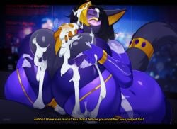 anthro big_breasts black_hair blonde_hair breast_play breasts canid canine chromapan clothed clothed_sex clothing dialogue english_text female fur genitals hair hi_res huge_breasts hyper hyper_breasts male male/female mammal multicolored_hair nipples nude penis purple_clothing sex tail text titfuck