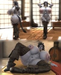 3d_(artwork) anthro areola bed big_breasts big_butt big_nipples boots breasts butt clothing dark_hair digital_media_(artwork) felid feline female final_fantasy final_fantasy_xiv footwear fur furniture furryrex genitals hands_behind_head hi_res hrothgar huge_breasts huge_butt jewelry leather leather_boots leather_clothing leather_footwear light_body light_fur looking_at_viewer mammal multipanel nipples pubes self_grope shoes solo spread_legs spreading square_enix striped_body striped_fur stripes tail vulva window