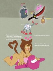 anthro areola biped bodily_fluids breasts brown_hair cowgirl_position cum cum_from_mouth cum_in_mouth cum_inside dialogue dinosaur domestic_cat english_text felid feline felis female female_on_top female_penetrated from_front_position gameoverse genital_fluids glitch_productions gobbles_(gameoverse) hair hi_res kaboodle_(gameoverse) kit_(gameoverse) kit_bodega lurking_tyger machine male male/female male_on_bottom male_penetrating mammal melee_weapon nipples nude on_bottom on_top penetration prehistoric_species reptile robot scalie sex simple_background sweat sword text weapon