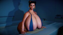 bathtub blue_bikini brown_hair chun-li chun-li_(street_fighter_6) curvy double_bun earrings gigantic_breasts huge_ass mp4 short_hair sling_bikini street_fighter street_fighter_6 superdougie tagme thick_ass thick_thighs video virt-a-mate virtamate