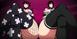 2girls big_breasts black_hair cleavage cleavage_cutout clothed clothed_female crossed_legs fishnets jedyne_(mosbles) looking_at_viewer mosbles setena_(mosbles7) smile thick_thighs thighhighs thighs