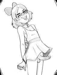 bowtie choker cobra_(drawfag) dress ear_piercing exposed_penis futa_only futanari glasses hair_ornament looking_at_viewer monochrome penis pinup raised_dress short_hair small_balls solo solo_futa soyjak.party soylita sticking_out_tongue teasing trap