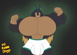 abs anthro anubis_(pal) big_bulge big_muscles big_pecs black_body black_fur black_hair blonde_hair bottomwear bulge clothing ear_piercing ear_ring flexing flexing_bicep fur green_eyes hair hi_res huge_bulge huge_muscles huge_pecs hyper hyper_muscles hyper_pecs kris_(zombiedwolf) long_hair male multicolored_body multicolored_fur multicolored_hair muscular muscular_anthro muscular_arms muscular_male muscular_thighs pal_(species) palworld pecs piercing pocketpair ring_piercing ronandraygo shorts solo tan_body tan_fur white_bottomwear white_clothing white_shorts