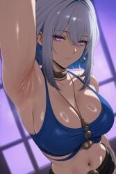 1girl _yumidreams ai_generated arm_up armpit_fetish armpit_worship armpits bangs bare_shoulders belt black_choker black_shorts blue_hair breasts choker cleavage closed_mouth collarbone colored_inner_hair crescent crop_top earrings galbrena_(wuthering_waves) grey_hair hair_between_eyes jewelry large_breasts looking_at_viewer midriff multicolored_hair navel necklace piercing purple_eyes shiny_breasts shiny_shoulders shiny_skin short_hair short_shorts shorts sidelocks solo two-tone_hair white_hair wuthering_waves