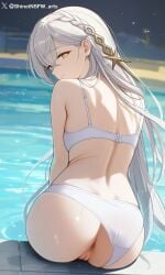 ai_generated artist_name ass_focus bikini blush braided_hair female from_behind genshin_impact istaroth_(genshin_impact) large_ass large_breasts long_hair looking_back night pool shineinsfw shiny_skin silver_hair smile solo sweat water wet_skin white_bikini white_hair yellow_eyes
