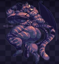 big_ass big_breasts breasts female flexing furry huge_ass huge_breasts hyper_muscles muscle_growth muscular muscular_anthro muscular_female piercing pixel_art skolerin tail two_tails wings