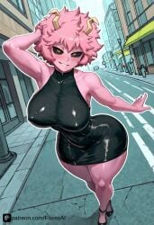 1girls ai_generated ass_focus big_ass big_breasts black_dress boku_no_hero_academia erect_nipples floresai huge_ass huge_breasts looking_at_viewer mina_ashido narrow_waist naughty_face patreon patreon_url patreon_username round_ass round_butt teasing thick_thighs wide_hips
