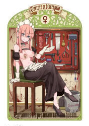 1girl absurdres apron blood blood_splatter blue_eyes border brass_knuckles breasts brown_collar brown_shoes brown_skirt bucket chair chest_strap claw_(weapon) collar commentary_request crossed_legs detached_sleeves dildo ear_tag empty_eyes energy_sword full_body gloves gun highres knife light_smile lightsaber long_skirt looking_at_viewer maid maid_apron maid_headdress mallet medium_breasts navel nipple_piercing nipples original piercing pink_hair puffy_short_sleeves puffy_sleeves revolver saw scissors sex_toy shoes short_sleeves sitting skirt solo spikes sword takagi_(tansuke) takagi_seiniku thick_eyebrows topless_female venus_symbol weapon white_border white_gloves