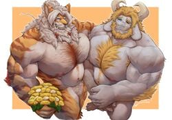 2boys absurdres animal_ears asgore_dreemurr bara belly biceps blonde_hair claws closed_eyes closed_mouth commentary completely_nude covering_crotch covering_privates english_commentary fangs floppy_ears flower furrowed_brow furry furry_male goat_horns grin heterochromia highres holding holding_flower horns looking_at_viewer looking_up male_focus multiple_boys muscular muscular_male navel newton_2305 nipple_piercing nipples nude orange_fur original pectorals piercing plump smile sweatdrop tiger_boy tiger_ears tiger_stripes undertale utdr_(toby_fox) whiskers white_fur white_hair yellow_flower