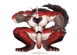 alpha_channel anthro balls bara big_balls big_penis black_hair canid canine canis chest_hair cock cum flaccid_penis huge_cock lee_(zark) male muscles muscular_male nipple_piercing nipples nude pecs penis red_body scar scar_on_face tatto werewolf wolf