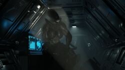 3d_(artwork) alien alien_(franchise) asuros breasts dark digital_media_(artwork) female hi_res science_fiction sitting smile smiling_at_viewer solo spacecraft vehicle xenomorph