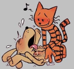 anal anal_fingering anthro blueespresso69 blush bodily_fluids canid canine cum dog_man_(character) dog_man_(series) drolling duo emanata felid feline fingering genital_fluids humming leaking leaking_cum male male/male mammal masturbation petey_the_cat smile spread_legs spreading tail