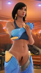 1girls 3d abs black_eyes black_hair blender bottomless curvy dark-skinned_female dark_skin dressing female female_only female_pubic_hair high_resolution looking_away muscle muscular_female navel overwatch pharah pharah-best-girl power_armor pubic_hair pussy realistic scar tan_skin tank_top watchpoint:_gibraltar_(map)