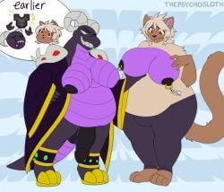 anthro big_breasts big_penis black_body breasts clothing clothing_bulge desidia_esuries domestic_cat dragon duo felid feline felis fur gender_transformation genitals green_eyes gynomorph horn huge_penis intersex intersex/intersex intersex/male jewelry male mammal mythological_creature mythological_scalie mythology overweight penis purple_body red_eyes robe scalie sharp_teeth tail teeth thepsychosloth transformation