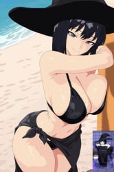 1girls beach beach_background belly big_breasts black_eyes black_hair female female_focus female_only huge_breasts looking_at_viewer revealing_clothes short_hair solo solo_female underboob witch witch_hat
