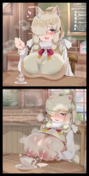 1girls 2d ai_generated alpaca_ears alpaca_suri_(kemono_friends) alternate_breast_size animal_ears areola areolae big_breasts blonde_hair blue_eyes blush breast_milk breast_rest breasts breasts_on_table cafe chair clothes_lift comic cup extra_ears female female_only fur_collar fur_trim hair_bun hair_over_one_eye hand_up heart horizontal_pupils huge_breasts indoors kemono_friends lactating lactating_into_container lactating_into_cup lactation large_breasts long_sleeves looking_at_viewer medium_hair nightcordsrose nipples open_mouth puffy_nipples ribbon single_hair_bun sitting smile solo solo_female steam steaming_body steamy_breath sweat sweater_vest table tail teacup unaligned_breasts