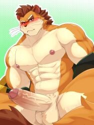 1boy abs absurdres animal_ears bara blush bonbonkun15 choi_yuhyun_(xxl) closed_mouth english_commentary erection furry furry_male highres looking_at_viewer male_focus muscular muscular_male pectorals penis tail testicles weasel_boy weasel_ears weasel_tail whiskers xxl_woofia