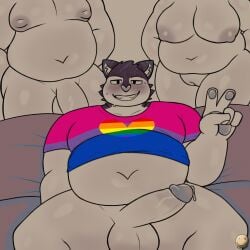 anthro balls belly bisexual bisexual_pride_colors bodily_fluids breasts clothing domestic_cat erection faceless_character faceless_female faceless_male felid feline felis female furniture genital_fluids genitals gesture glans group hand_gesture hi_res lgbt_pride lgbt_pride_month lucknomz male male/female male/male mammal on_sofa overweight overweight_female overweight_male penis precum pride_color_clothing pride_colors rainbow_heart sitting sitting_on_sofa sofa sweat trio v_sign vulva