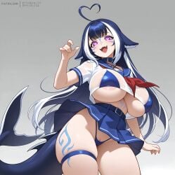 ai_generated bare_thighs bikini_aside blue_hair gigantic_breasts heart-shaped_pupils huge_breasts huge_thighs light-skinned_female light_skin long_hair looking_down low-angle_view massive_breasts multicolored_hair nanam_kakama pink_eyes sailor_uniform shylily smiling solo_female squatting sweat sweatdrop thick_body thick_female thick_thighs thighs twitch virtual_youtuber voluptuous voluptuous_female whale_girl whale_tail