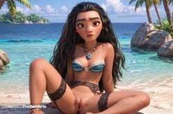 1girls ai_generated anklet artist_name beach black_hair blue_sky blurry blush bottomless bra breasts brown_eyes cloud dark-skinned_female dark_skin day disney disney_princess forehead garter_belt hi_res jewelry knee_up lips long_hair looking_at_viewer moana moana_2 moana_waialiki necklace ocean outdoors palm_tree progenarts pussy rock sand signature sitting sky small_breasts solo spread_legs strapless strapless_bra thick_eyebrows thighhighs tree uncensored underwear water