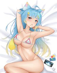 ahoge animal_ear_fluff animal_ears arms_behind_head ass bikini blonde_hair blue_hair bottomless collarbone cross female hair_ornament hairclip large_breasts looking_at_viewer navel phone smartphone solo star star_hair_ornament triangle white_bikini