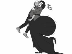 dress esmeralda_(kirathepenguin) female hugging hyper_ass kirathepenguin leshawk lifting_person pale_skin small_breasts smaller_male tall_female thick_thighs vampire