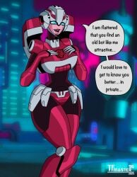 1girls 2025 2d 2d_(artwork) alternate_version_available arcee arcee_(tfa) artist_logo blue_eyes dialogue english_text female female_only gilf hands_on_own_breasts hourglass_figure legs_crossed legs_together nervous older_female panties pink_body pinup pinup_pose robot robot_girl robot_humanoid shy slim_waist solo speech_bubble talking_to_viewer text_bubble tfmaster96 thick_thighs thigh_highs thighhighs transformers transformers_animated