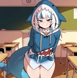 ai_generated bare_thighs blue_eyes gawr_gura gawr_gura_(1st_costume) hololive hololive_english huge_thighs light-skinned_female light_skin looking_at_viewer multicolored_hair nanam_kakama school_background shark_girl shark_tail shortstack small_breasts smiling solo_female squatting sweat sweatdrop thick_body thick_female thick_thighs thighs virtual_youtuber voluptuous voluptuous_female white_hair