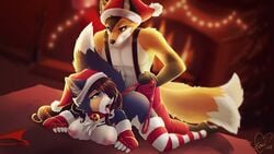 2018 anthro anthro_on_anthro breasts canine christmas collar duo eipril female fur furry holidays leash looking_back male mammal nipples sex straight