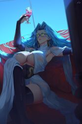 1girl 1girls 2020s 2025 araneesama armpits big_boobs big_breasts big_thighs big_tits blue_background blue_hair boobs breasts female female_focus female_only green_eyes hi_res high_resolution highres huge_boobs huge_breasts huge_tits legs_crossed light-skinned_female light_skin long_hair one-punch_man psykos sitting sitting_on_couch solo solo_female solo_focus thick_thighs thigh_highs thighhighs thighs tits under_boob underboob watermark wine_glass