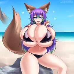 beach bikini fox_ears fox_girl fox_tail huge_breasts mochifoxxo