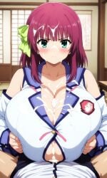 1boy 1girls ai_generated angel_beats! annoyed annoyed_expression breasts breasts_bigger_than_head cum cum_between_breasts cum_on_breasts cum_on_face enormous_breasts female female_focus gigantic_breasts green_eyes hair_ribbon huge_breasts imforskin large_breasts massive_breasts paizuri purple_hair school_uniform schoolgirl yuri_nakamura