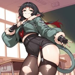 ai_generated bare_thighs black_hair gigantic_breasts green_eyes huge_breasts huge_thighs jacket jane_doe_(zenless_zone_zero) light-skinned_female light_skin looking_down low-angle_view massive_breasts nanam_kakama rat_ears rat_girl rat_tail school_background short_hair smiling solo_female squatting stockings sweat sweatdrop thick_body thick_female thick_thighs thighs thighs_bigger_than_head voluptuous voluptuous_female zenless_zone_zero