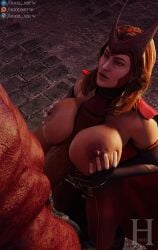 1boy 1girls 3d avengers big_breasts breasts demon erection female hood_nsfw huge_breasts huge_cock male marvel marvel_comics midnight_suns monster nipples paizuri penis red_hair red_skin scarlet_witch