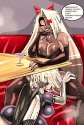 angel angel_girl angel_wings big_ass big_breasts bitterbunz blush cunnilingus hazbin_hotel licking_pussy lute_(hazbin_hotel) nervous_smile stockings suspension thick_ass thick_thighs under_the_table vaggie_(hazbin_hotel) yuri