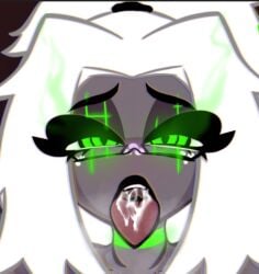 bright bright_colors bright_eyes bright_pupils clothed clothing dominant dominant_female glowing glowing_eyes glowing_markings green_collar green_eyes grey_body grey_skin happy happy_female hazbin_hotel jo-el_(retzhuko) leaning leaning_forward long_hair long_sleeves naked oc original_character pov pov_eye_contact retzhuko_(artist) sharp_eyelashes smile smiling smiling_at_viewer tight tight_pussy white_eyes white_hair white_nails