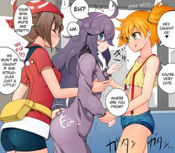 3girls :q @_@ ahoge ass ass_grab ass_in_dress assertive bag bandana belt bike_shorts blue_eyes blush breast_grab breasts brown_hair chikan closed_eyes crop_top crop_top_overhang denim denim_shorts dialogue dress eyebrows_visible_through_hair fanny_pack female_only grabbing green_eyes groping ground_vehicle hairband hard_translated heart hex_maniac highres human human_only japanese kasumi_(pokemon) kedamono_kangoku-tou lesbian licking_lips long_hair may_(pokemon) midriff molestation multiple_girls navel nintendo open_mouth orange_hair pale_skin pokemon pokemon_rgby pokemon_rse pokemon_xy purple_hair red_hair short_hair short_shorts shorts side_ponytail small_breasts smile speech_bubble spoken_heart standing suspenders sweatdrop tank_top text thought_bubble tomboy tongue tongue_out train translated yuri