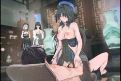 3girls animated breasts breasts_out cowgirl_position rover_(wuthering_waves) watching wuthering_waves