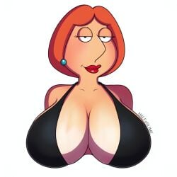 ai_generated bikini black_bikini breasts cleavage clothing family_guy female halfaslime huge_breasts large_breasts lois_griffin looking_at_viewer orange_hair red_lipstick smile smiling solo upper_body upper_body_focus