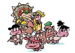 accurate_art_style anatomically_correct bowser domnirch goomba goombella goombette_(super_mario_odyssey) mario_(series) orgy paper_mario simple_background super_mario_bros.