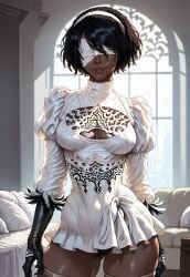 1girls 2d ai_generated ai_sensuality blindfold clothed clothing dark-skinned_female dark_skin dress female_only hi_res nier:_automata short_skirt solo solo_female white_blindfold white_dress yorha_2p