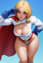 ai_generated bending_forward blonde_female blonde_hair blue_eyes brushing_hair cape cleavage clothed dc dc_comics female female_only huge_breasts leotard looking_at_viewer power_girl smiling superheroine superman_(series) thick thick_thighs