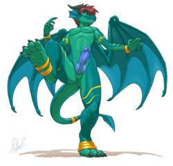 1boy anthro black_sclera dragon ear_fins fin horn inkh jewelry knot male male_only paws penis rollwulf scalie solo steppy webbing