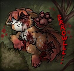 3_toes ambiguous_gender anthro blood blood_from_mouth blood_in_mouth blood_on_face blood_splatter bodily_fluids claws detailed_background fan_character feet fur generation_1_pokemon gore implied_permanent multicolored_body multicolored_fur nintendo pawpads paws plant pokemon pokemon_(species) shrub solo tears tears_of_desperation toes tragiccurse vulpix wounded