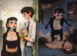... ai_generated before_and_after braided_twintails choker cowgirl_position dialog dialogue femdom flowers goth goth_girl gothic hetero male/female malesub necklace need nerdy_male pale-skinned_female pale_skin straight the_addams_family vagina vaginal vaginal_penetration vaginal_sex wednesday_addams