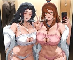 1girls 2girls ai_generated alex-schura animal_lingerie asymmetrical_docking bangs bare_shoulders black_hair black_underwear blonde_hair blush boruto:_naruto_next_generations bra breast_press breasts brown_eyes brown_hair cat_cutout cat_ear_panties cat_lingerie cellphone clavicle cleavage cleavage_cutout clothes_hanger clothing clothing_cutout coat cowboy_shot crop_top curvaceous curvaceous_female curvaceous_figure curvy curvy_figure doorway dress earrings female female_focus female_only frilled_bra frilled_underwear frills fur_coat green_eyes hair_between_eyes holding holding_object holding_phone huge_breasts indoors inviting inviting_to_sex jacket jewelry kurenai_yuhi large_breasts lingerie long_hair long_sleeves looking_at_viewer makeup mature mature_female mei_terumi meme_attire midriff milf mirror mole mole_on_breast multiple_girls nail_polish naruto naruto_(series) naruto_shippuden navel necklace off_shoulder open_clothes open_mouth pantsu parted_bangs parted_lips phone pink_bra pink_panties pink_underwear pov_doorway presenting presenting_breasts presenting_self red_eyes red_nails seductive seductive_look seductive_smile self_shot selfie short_hair side-tie_panties smartphone smile standing stomach string_panties sweat sweater thick_thighs thighs underwear underwear_only v voluptuous voluptuous_female white_bra white_panties white_underwear wide_hips